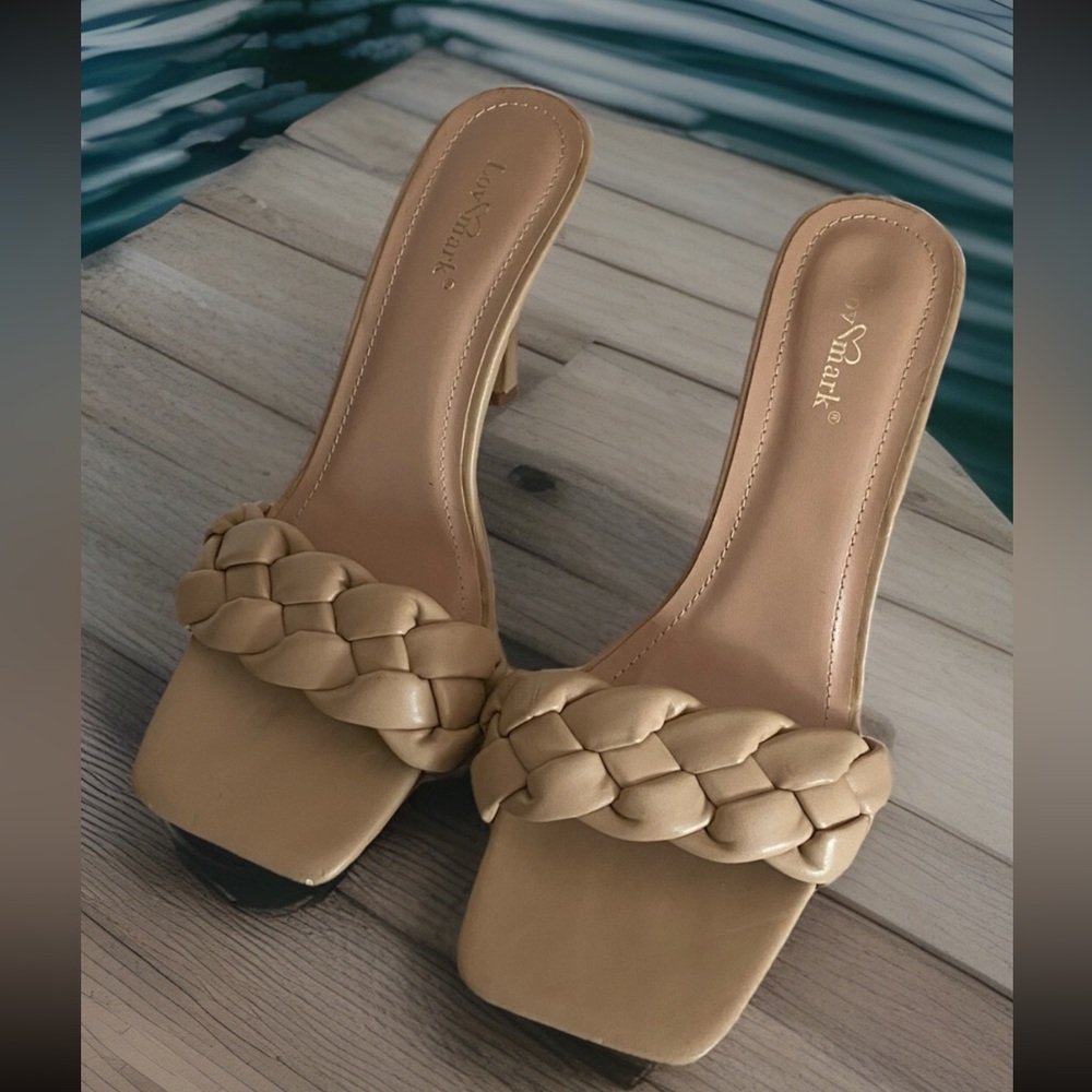 Lov Mark ❤️ Braided Strap Square Toe Ashley Mule Heeled Sandal Women’s Sz 8 Nude - Picture 2 of 13